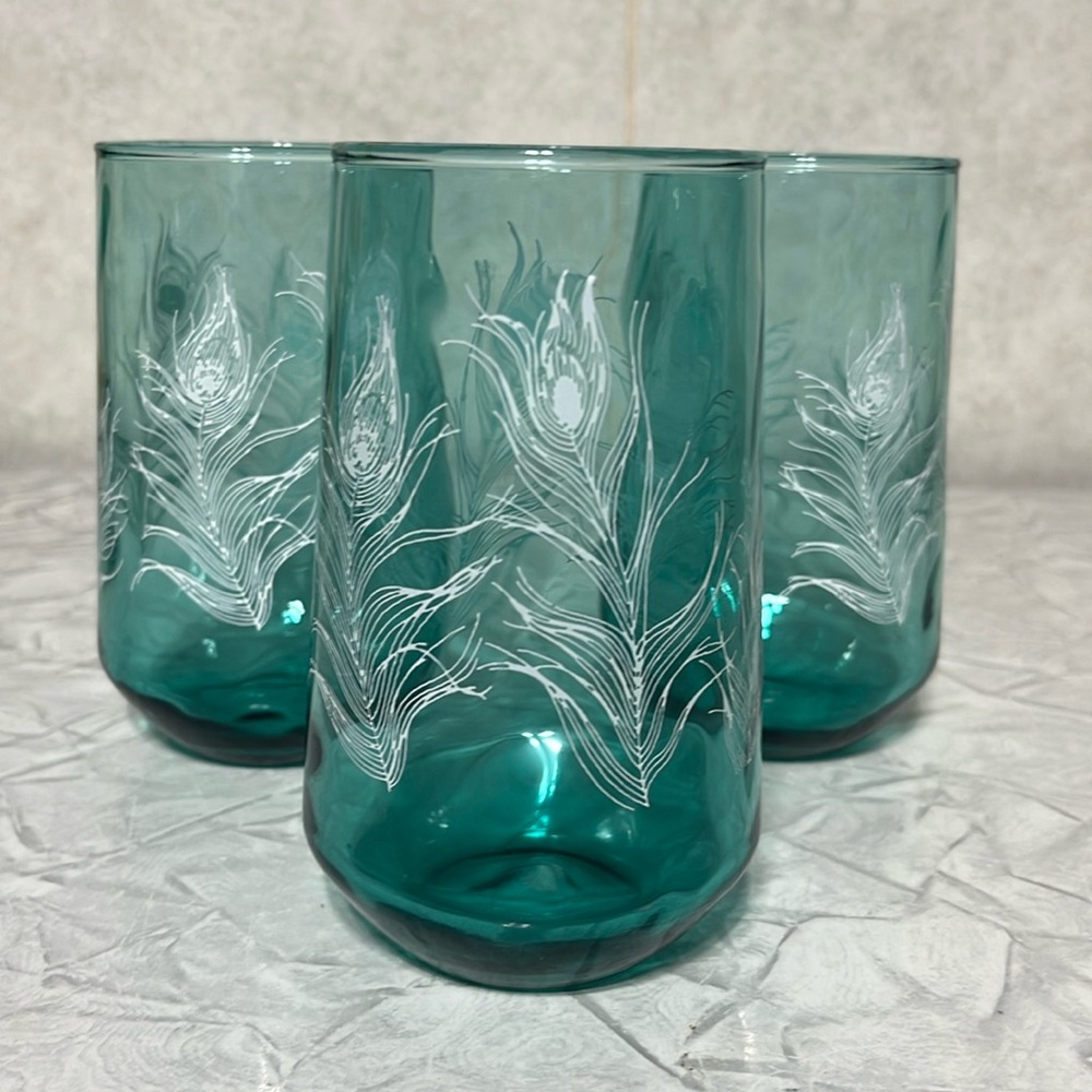Aqua blue with peacock feather design tumbler/stemless wine glass 8 oz set of 3